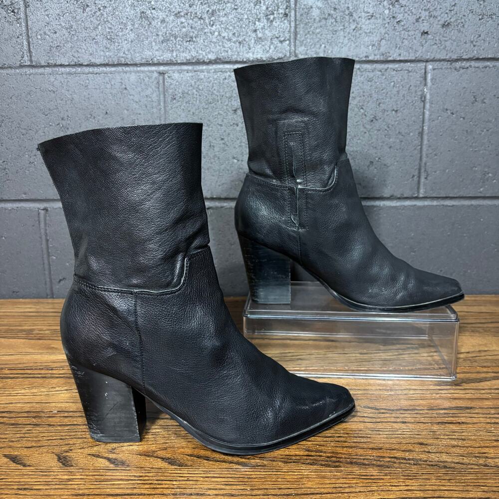 Bleecker & Bond Women’s 9 Black Leather Ankle Boots Block Heel Pointed Toe